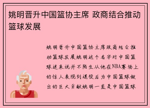 姚明晋升中国篮协主席 政商结合推动篮球发展